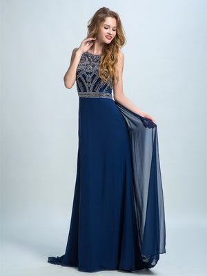 BohoProm prom dresses A-line Scoop-Neck Sweep Train Chiffon Rhine Stone  Prom Dresses 2899