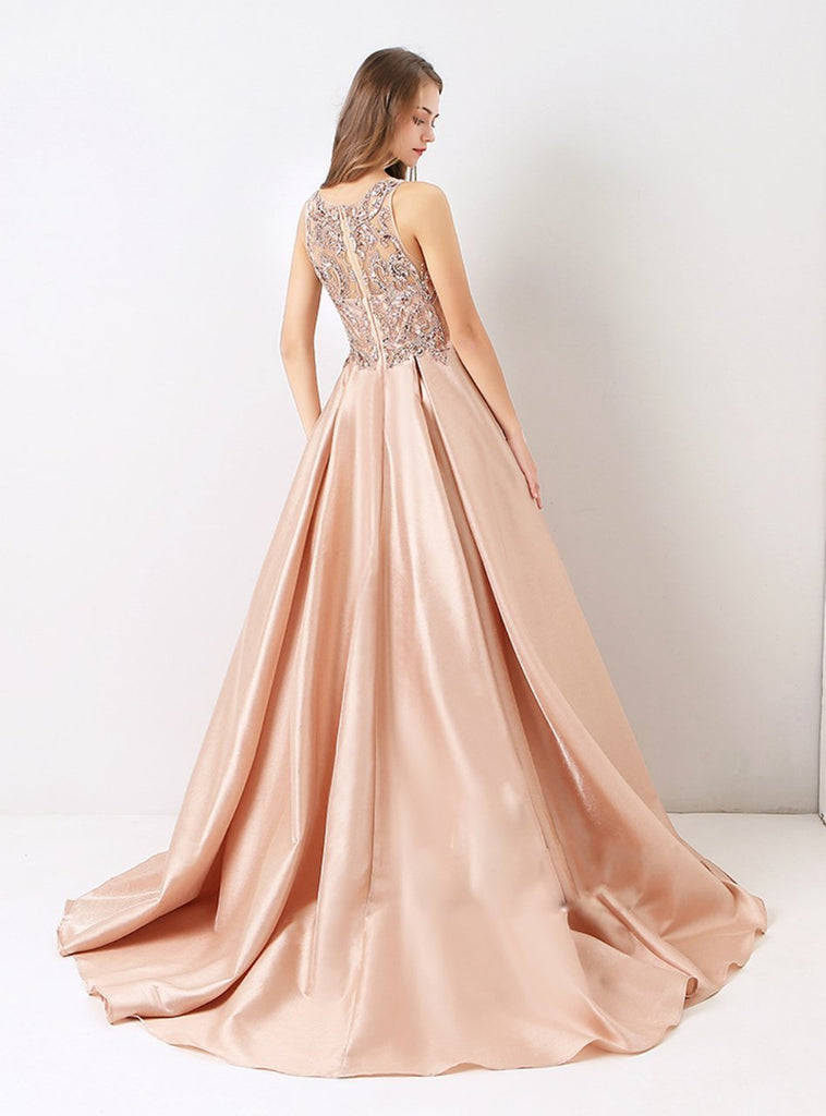 BohoProm prom dresses A-line Scoop-Neck Sweep Train Satin Long Prom Dresses With Rhine Stones HX0074