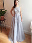 A-line Scoop-Neck Sweep Train Tulle Appliqued Prom Dresses ASD2625