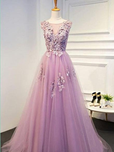 BohoProm prom dresses A-line Scoop-Neck Sweep Train Tulle Appliqued Prom Dresses ASD2635