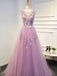 BohoProm prom dresses A-line Scoop-Neck Sweep Train Tulle Appliqued Prom Dresses ASD2635