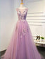 A-line Scoop-Neck Sweep Train Tulle Appliqued Prom Dresses ASD2635
