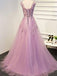 BohoProm prom dresses A-line Scoop-Neck Sweep Train Tulle Appliqued Prom Dresses ASD2635