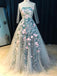 BohoProm prom dresses A-line Scoop-Neck Sweep Train Tulle Gray Long Sleeve Prom Dresses HX0036