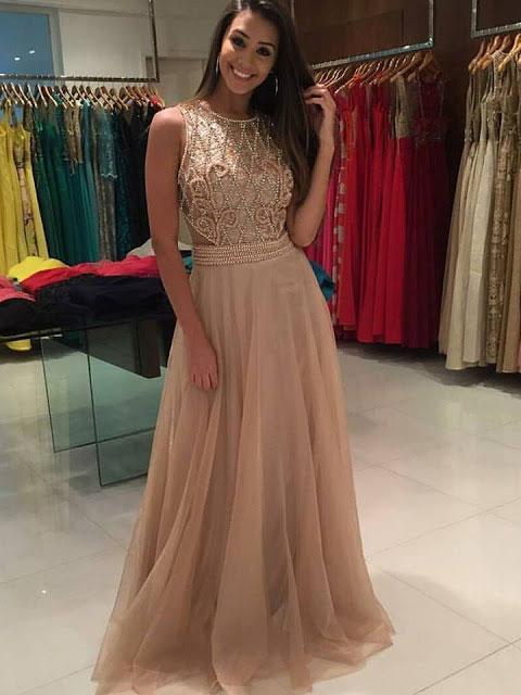 BohoProm prom dresses A-line Scoop-Neck Sweep Train Tulle Rhine Stone  Prom Dress 3080