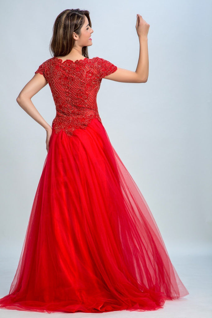 BohoProm prom dresses A-line Scoop-Neck Sweep Train Tulle Rhinestone Beaded Appliqued Red prom Dresses 2932