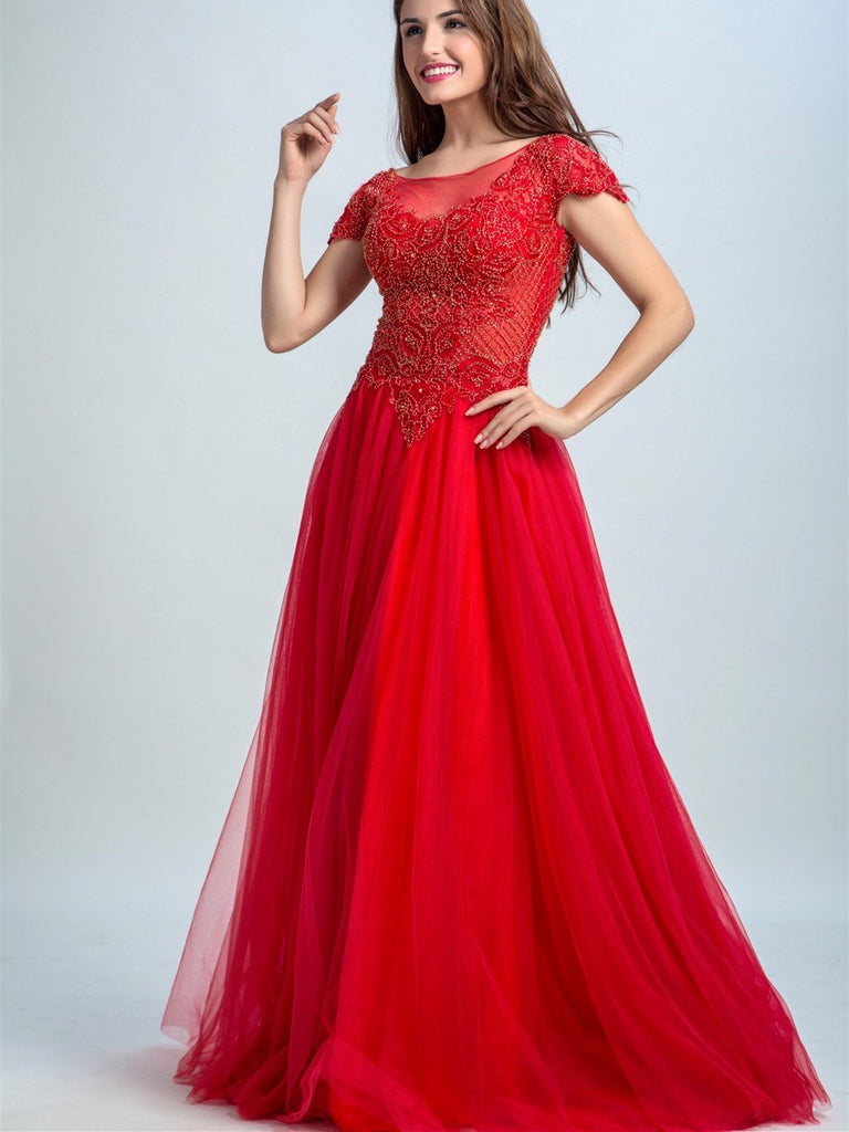 BohoProm prom dresses A-line Scoop-Neck Sweep Train Tulle Rhinestone Beaded Appliqued Red prom Dresses 2932