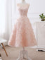 A-line Scoop Neck Tea Length Lace Pink Short Prom Dresses HX0038