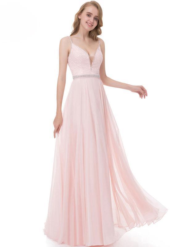 BohoProm prom dresses A-line Spaghetti Strap Floor-Length Chiffon Beaded Pink Prom Dress 3115
