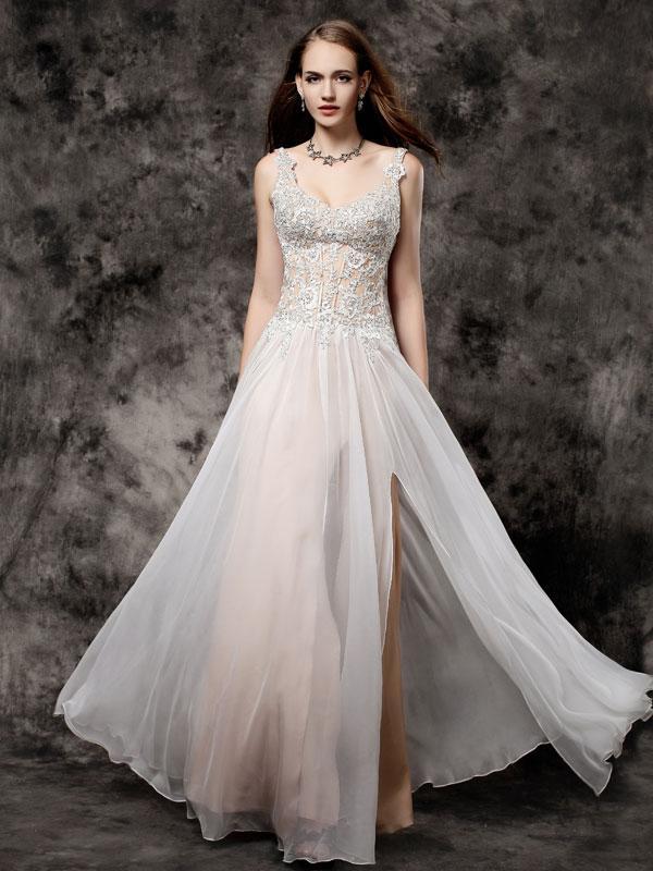 BohoProm prom dresses A-line Spaghetti Strap Floor-Length Chiffon Rhine Stone Prom Dress 3121