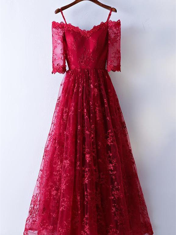 BohoProm prom dresses A-line Spaghetti Strap Floor-Length Lace Red Prom Dresses ASD26817