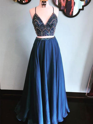 BohoProm prom dresses A-line Spaghetti Strap Floor-Length Satin Two Piece Prom Dresses HX0032