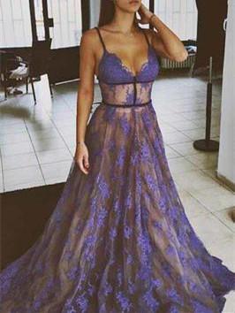 BohoProm prom dresses A-line Spaghetti Strap Sweep Train Tulle Purple Prom Dresses HX00125