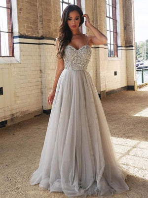 BohoProm prom dresses A-line Spaghetti Strap Sweep Train Tulle Rhine Stone Beaded Prom Dresses 3029