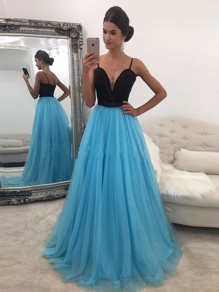 BohoProm prom dresses A-line Spaghetti Strap Sweep Train Tulle Rhine Stone Prom Dress 3073