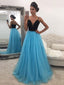 A-line Spaghetti Strap Sweep Train Tulle Rhine Stone Prom Dress 3073