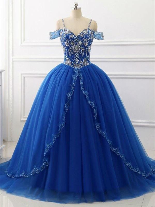 BohoProm prom dresses A-line Spaghetti Strap Sweep Train Tulle Royal Blue Prom Dresses With Rhine Stones ASD27100
