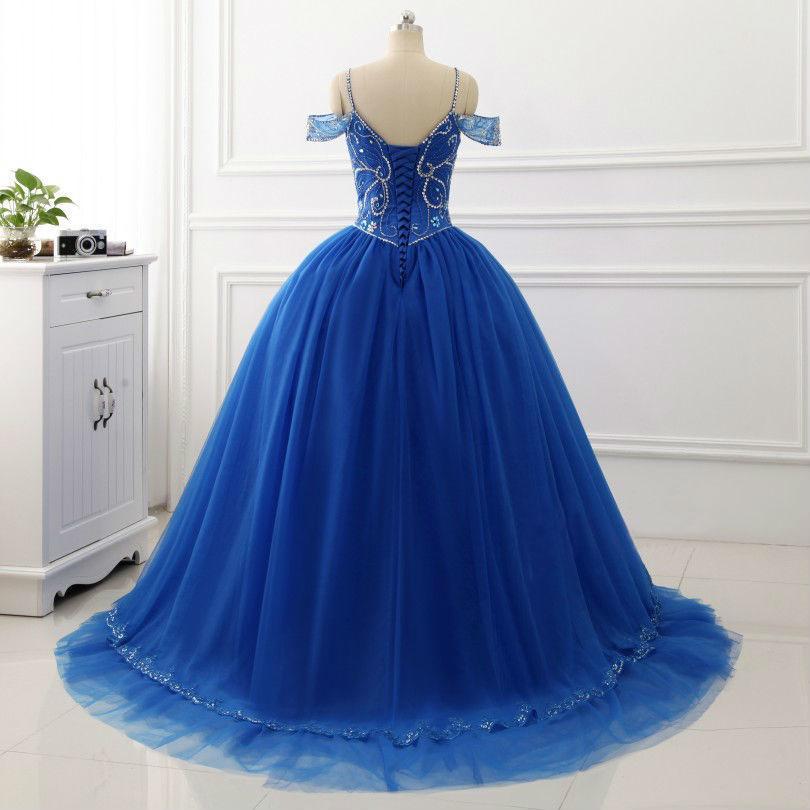 BohoProm prom dresses A-line Spaghetti Strap Sweep Train Tulle Royal Blue Prom Dresses With Rhine Stones ASD27100