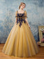 A-line Square Floor-Length Tulle Appliqued Golden Prom Dresses ASD26774