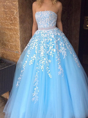 BohoProm prom dresses A-line Straight Across Floor-Length Tulle Appliqued Rhine Stone Prom Dress 3108