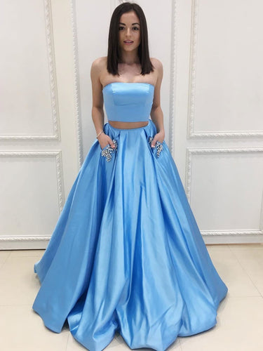 BohoProm prom dresses A-line Straight Across Sweep Train Satin  Rhine Stone Two Piece  Prom Dresses 2794