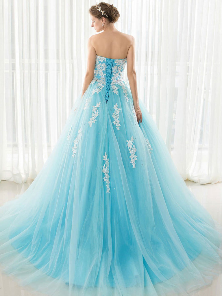 BohoProm prom dresses A-line Sweetheart Chapel Train Tulle Appliqued Beaded Rhinestone Prom Dresses 3014