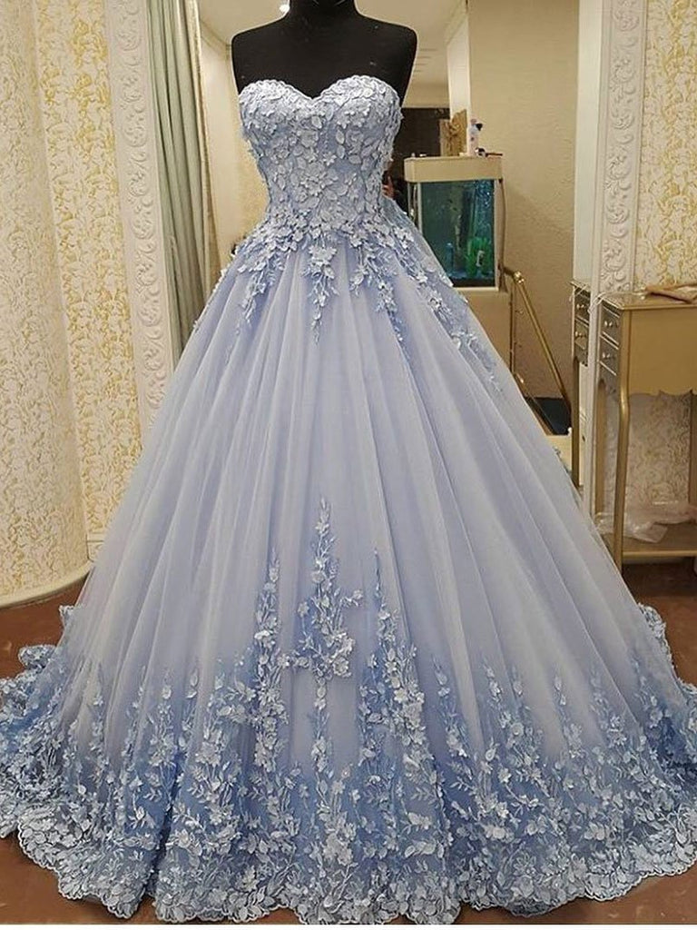 BohoProm prom dresses A-line Sweetheart Chapel Train Tulle Appliqued Elegant Prom Dresses 2787