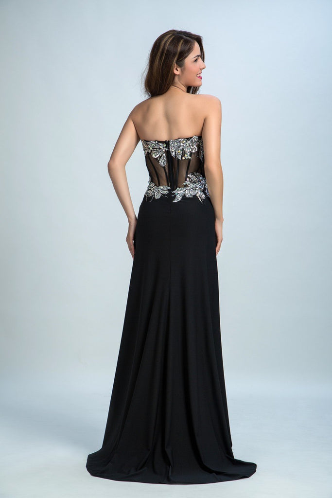 BohoProm prom dresses A-line Sweetheart Chiffon Rhine Stone Black Prom Dresses 2915