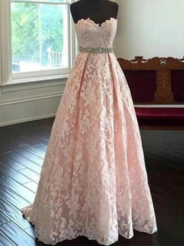 BohoProm prom dresses A-line Sweetheart Floor-Length Lace Pink Prom Dresses HX00137
