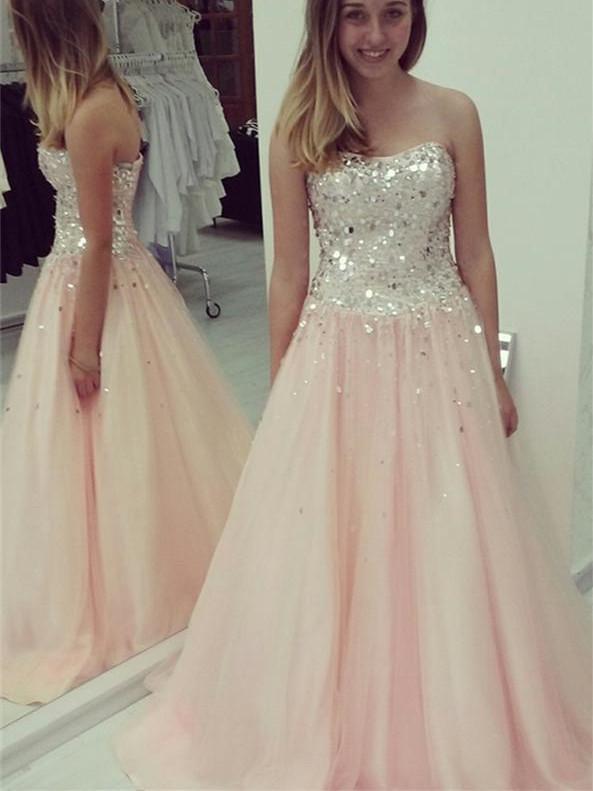 BohoProm prom dresses A-line Sweetheart Floor-Length Tulle Sequined Prom Dresses HX00142