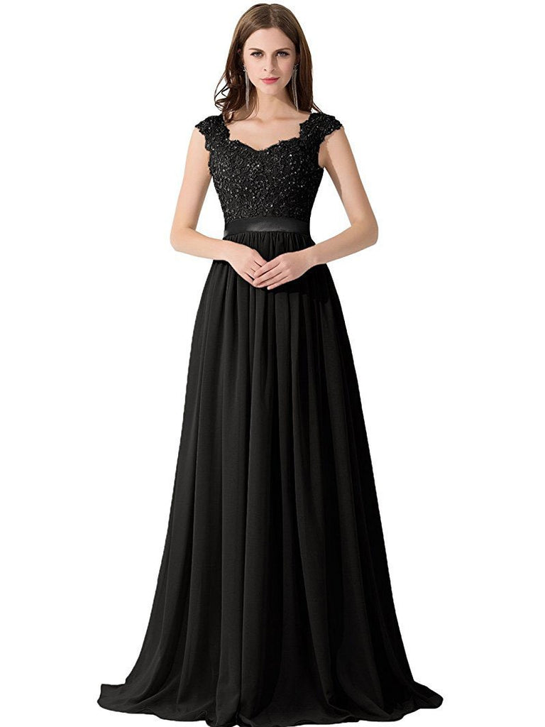 BohoProm prom dresses A-line Sweetheart Sweep Train Chiffon Appliqued Beaded Black Prom Dresses 3022