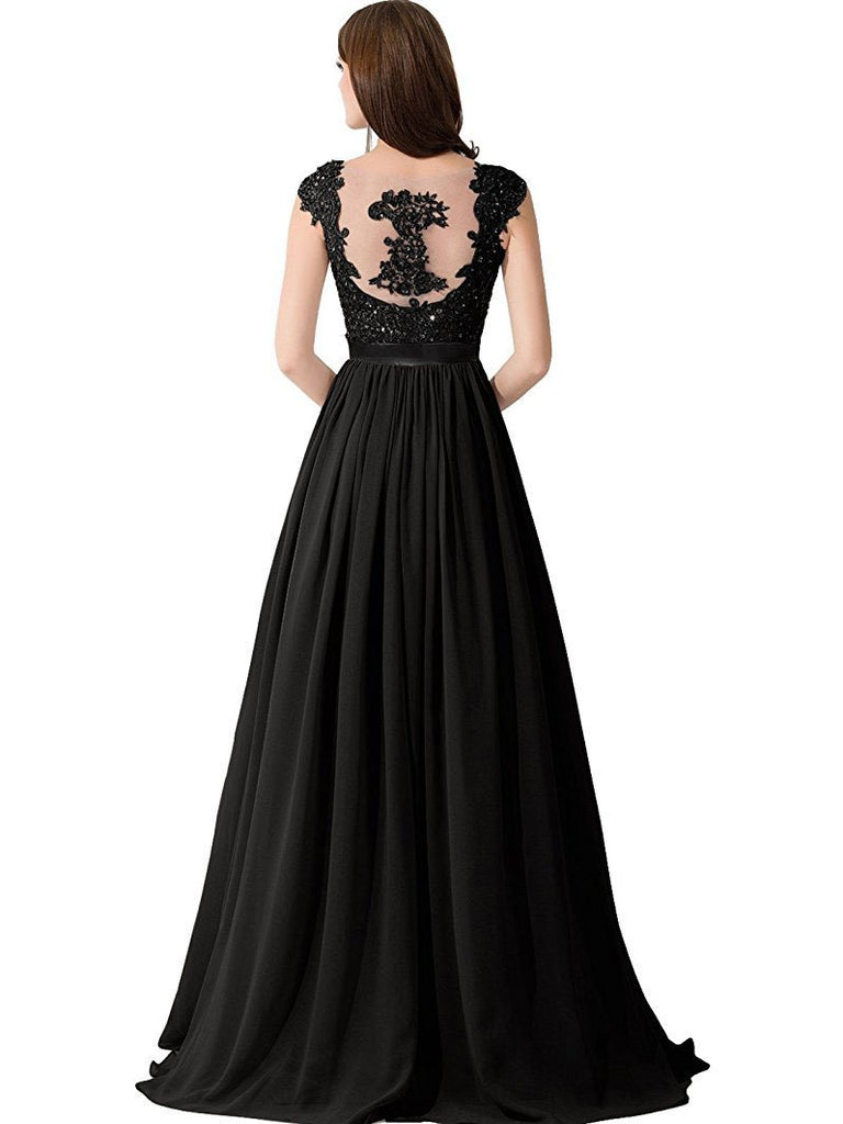 BohoProm prom dresses A-line Sweetheart Sweep Train Chiffon Appliqued Beaded Black Prom Dresses 3022