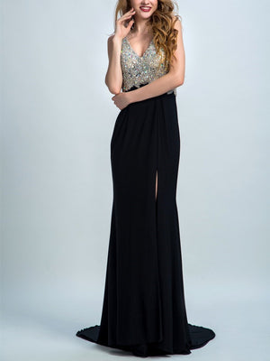 BohoProm prom dresses A-line Sweetheart  Sweep Train Chiffon  Rhine Stone Split Prom Dresses 2893