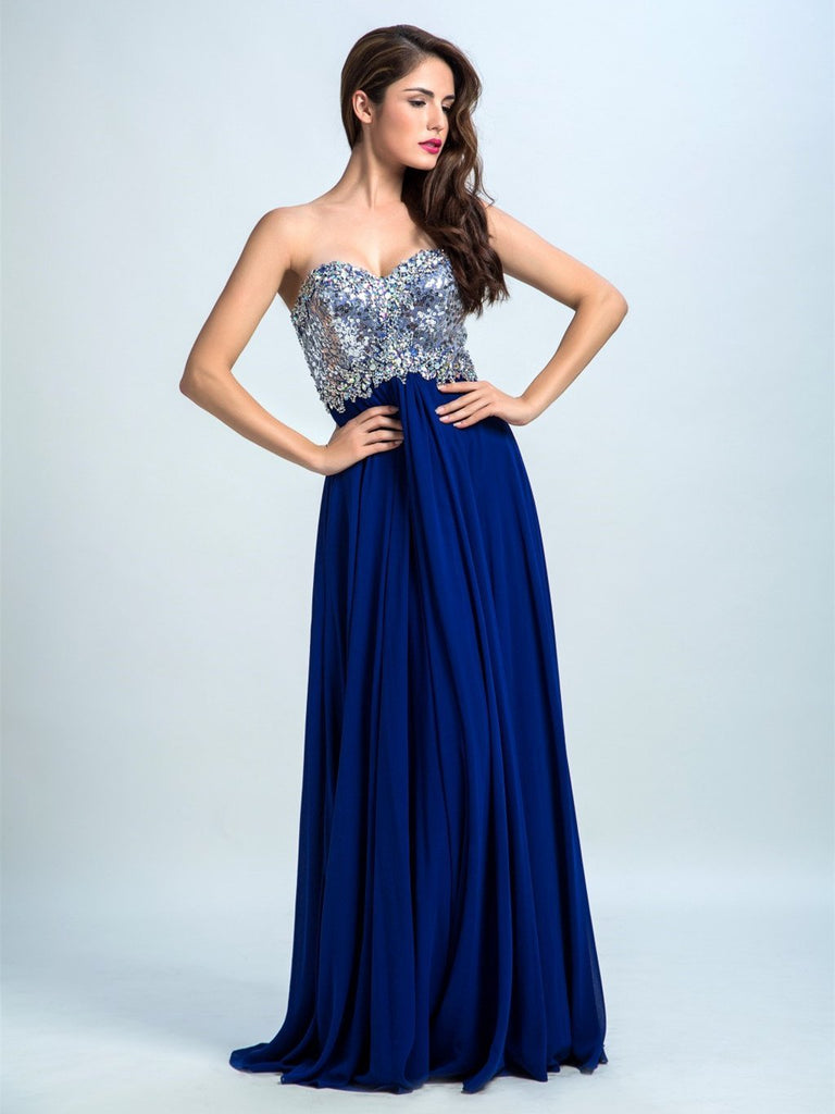 BohoProm prom dresses A-line Sweetheart Sweep Train Chiffon Sequined  Royal Blue Prom Dresses 2904