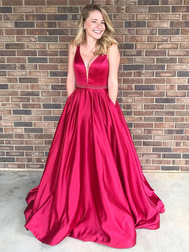 BohoProm prom dresses A-line V-Neck Chapel Train Satin Beaded Prom Dresses 2853