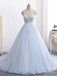BohoProm prom dresses A-line V-neck Chapel Train Tulle Appliqued Long Sky Blue Prom Dresses ASD26935
