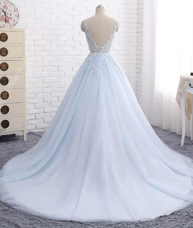 BohoProm prom dresses A-line V-neck Chapel Train Tulle Appliqued Long Sky Blue Prom Dresses ASD26935