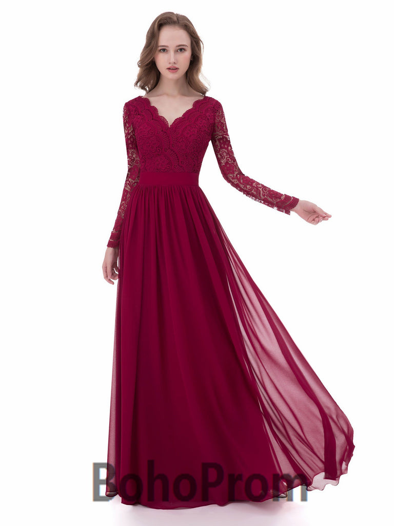 BohoProm prom dresses A-line V-Neck Floor-Length Chiffon Appliqued Burgundy prom Dresses 3051