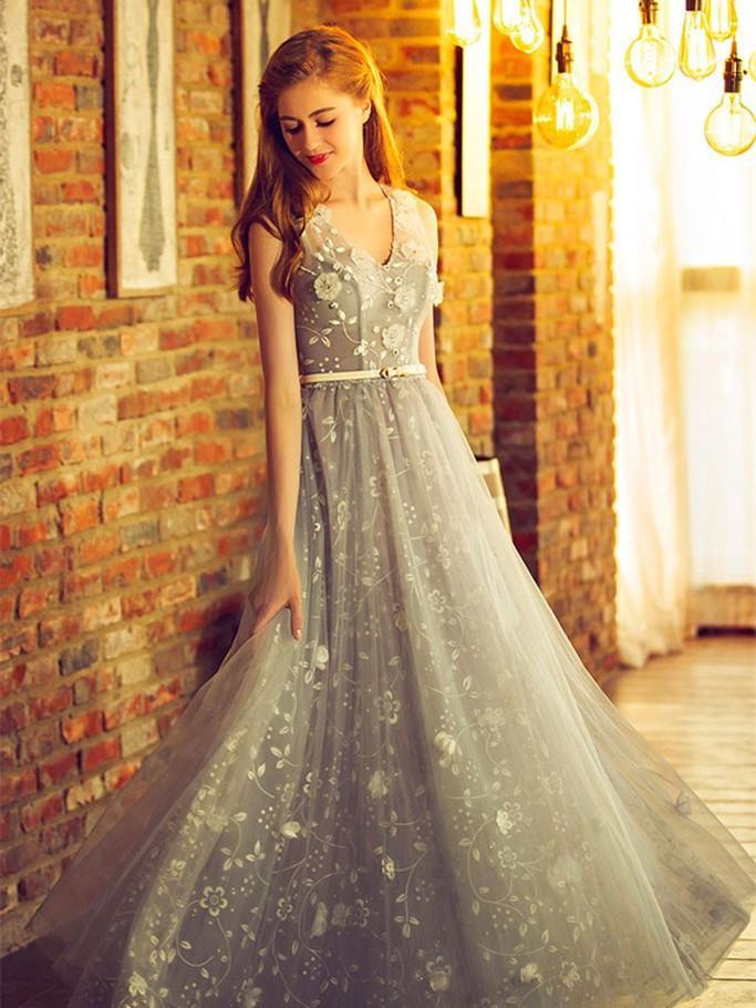 BohoProm prom dresses A-line V-neck Floor-Length Tulle Appliqued Beaded Prom Dresses ASD26822