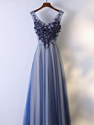 BohoProm prom dresses A-line V-neck Floor-Length Tulle Appliqued Beaded Prom Dresses ASD26882