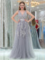 A-Line V-neck Floor-Length Tulle Appliqued Prom Dress 3093