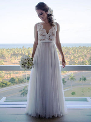 BohoProm prom dresses A-line V-neck Floor-Length Tulle  Appliqued Prom Dresses 2879
