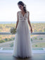 A-line V-neck Floor-Length Tulle  Appliqued Prom Dresses 2879
