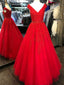 A-line V-neck Floor-Length Tulle Appliqued Red Prom Dress 3105