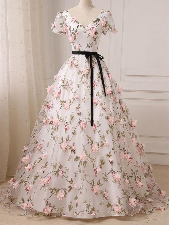 BohoProm prom dresses A-line V-Neck Floor-Length Tulle Appliqued Short Sleeve Prom Dresses HX0040