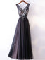 A-line V-neck Floor-Length Tulle Beaded Appliqued prom Dresses 3007