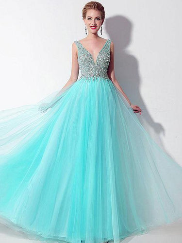 BohoProm prom dresses A-Line V-neck Floor-Length Tulle Beaded Sequined  Prom Dress 3100