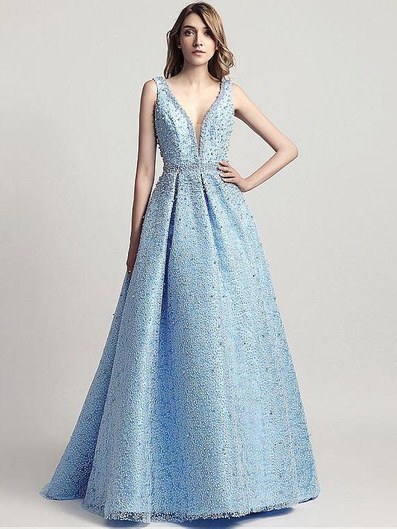 BohoProm prom dresses A-Line V-neck Floor-Length Tulle Full Beaded Prom Dress 3094