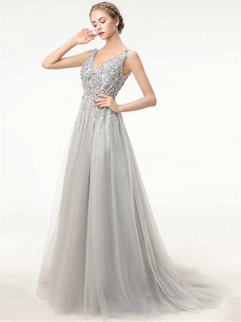 BohoProm prom dresses A-line V-neck Floor Length Tulle Gray Prom Evening Dresses HX0024