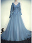 A-line V-Neck Floor-Length Tulle Long Prom Dresses With Appliques HX00113